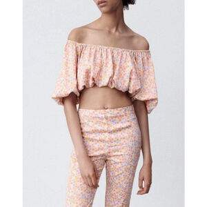 Women's Zara Floral Print Crop Top Size S Yellow Peach